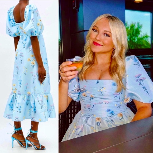 Self-Portrait Watercolour Puff Sleeve Taffeta Blue Floral Midi Maxi Dress 4 S - Picture 2 of 15